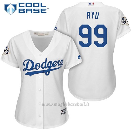 Maglia Baseball Donna Los Angeles Dodgers 2017 World Series Hyun Jin Ryu Bianco Cool Base